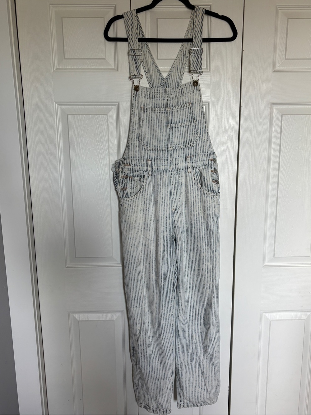 We The Free Blue Pinstripe Denim Overalls